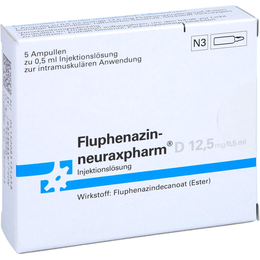 Das Produktfoto zeigt Fluphenazin-Neuraxpharm D 12,5 Mg/0,5 Ml Iim (5X0.5 ml) PZN 08515465