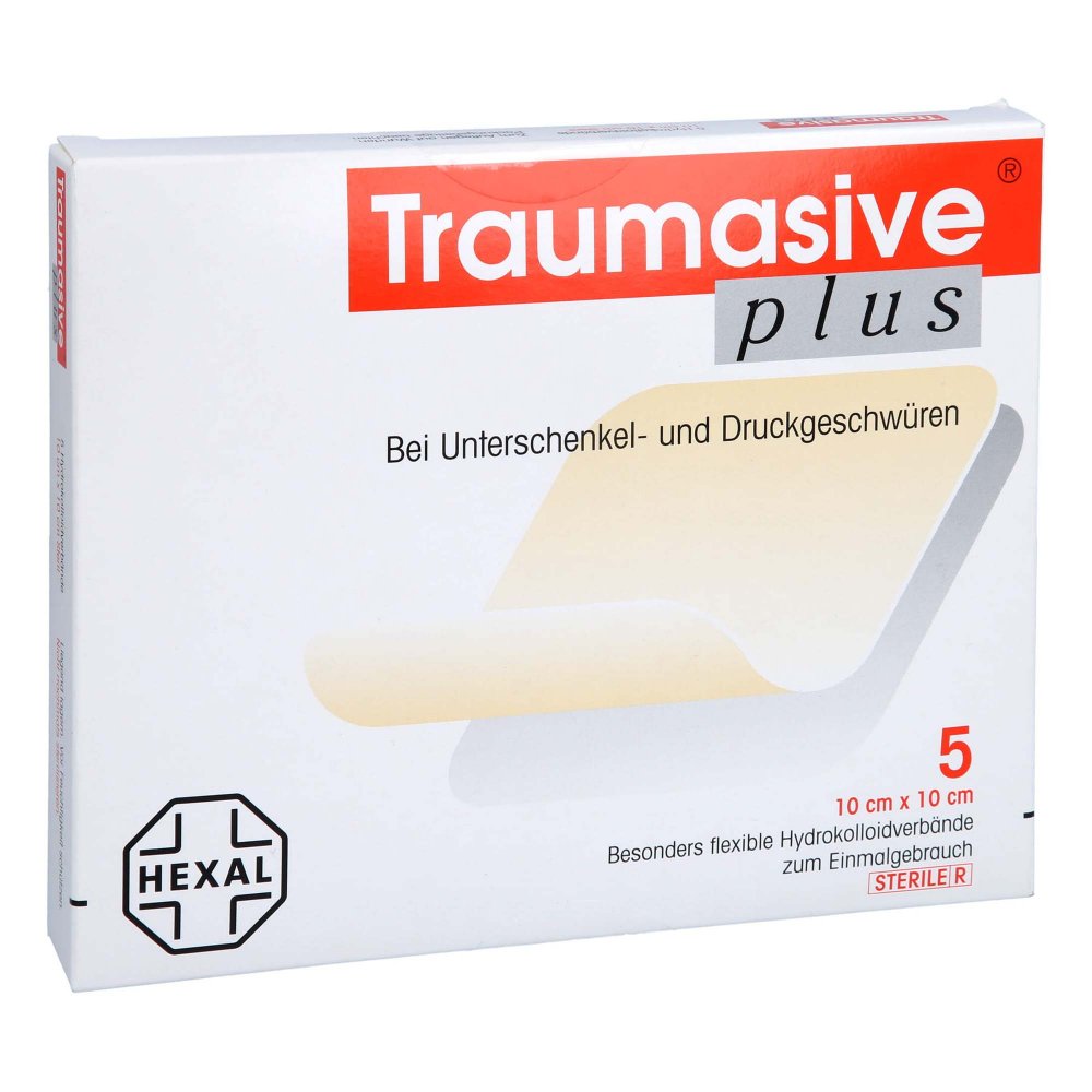 Das Produktfoto zeigt Traumasive Plus 10x10 Cm Hydrokoll.Steril (5 stk) PZN 08545354