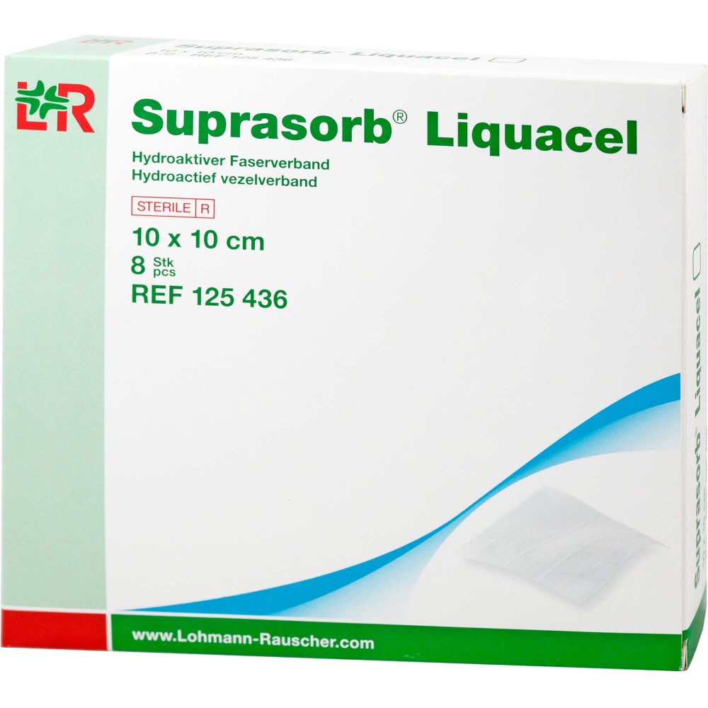Das Produktfoto zeigt Suprasorb Liquacel Hydroakt.Faserverb.10x10 Cm (8 stk) PZN 08561904