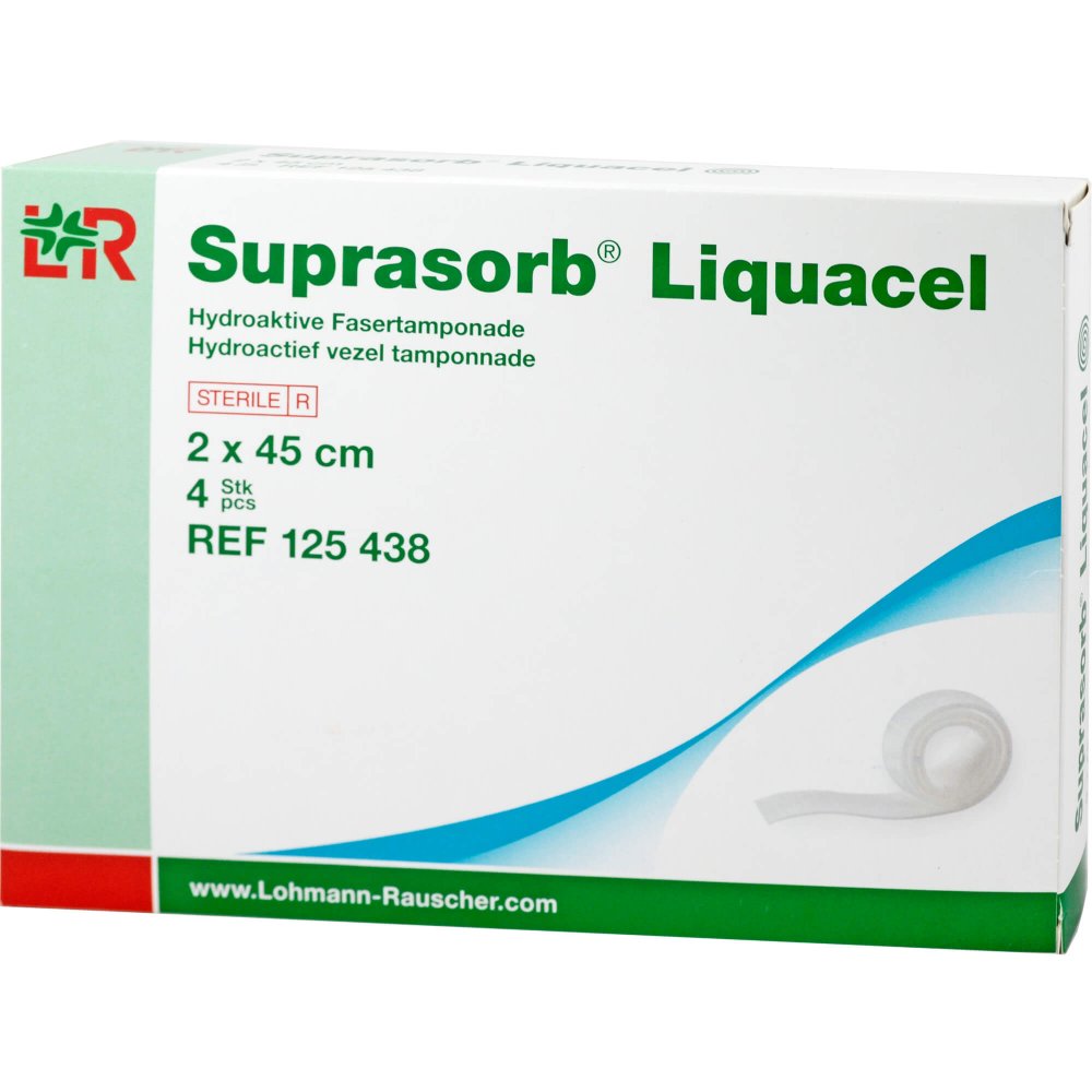 Das Produktfoto zeigt Suprasorb Liquacel Hydroakt.Faserverb.2x45 Cm (4 stk) PZN 08566592