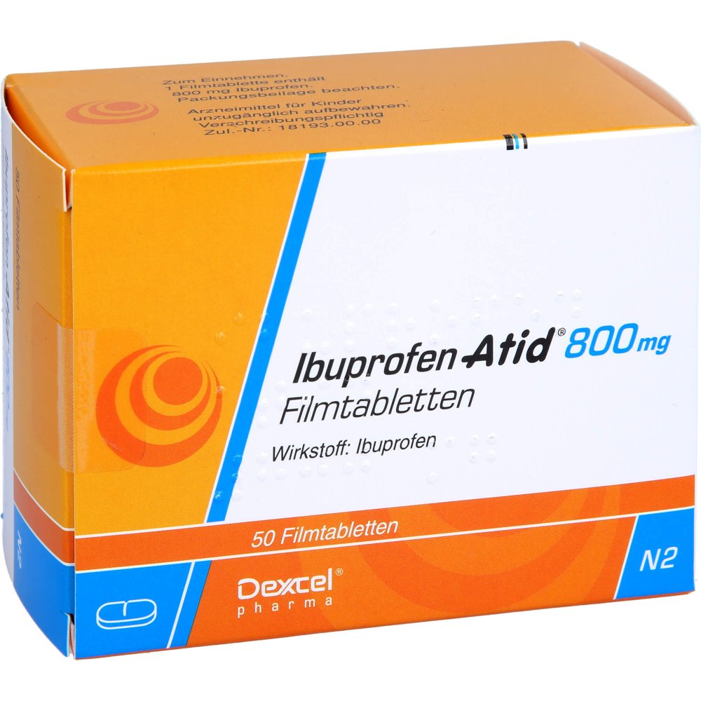 Das Produktfoto zeigt Ibuprofen Atid 800 Mg Filmtabletten (50 stk) PZN 08648054