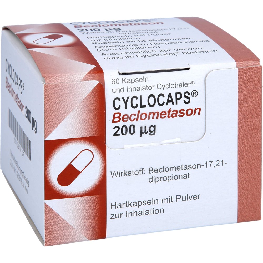 Das Produktfoto zeigt Cyclocaps Beclometason 200 Μg Inh.Kaps.+Cyclohaler (60 stk) PZN 08701127