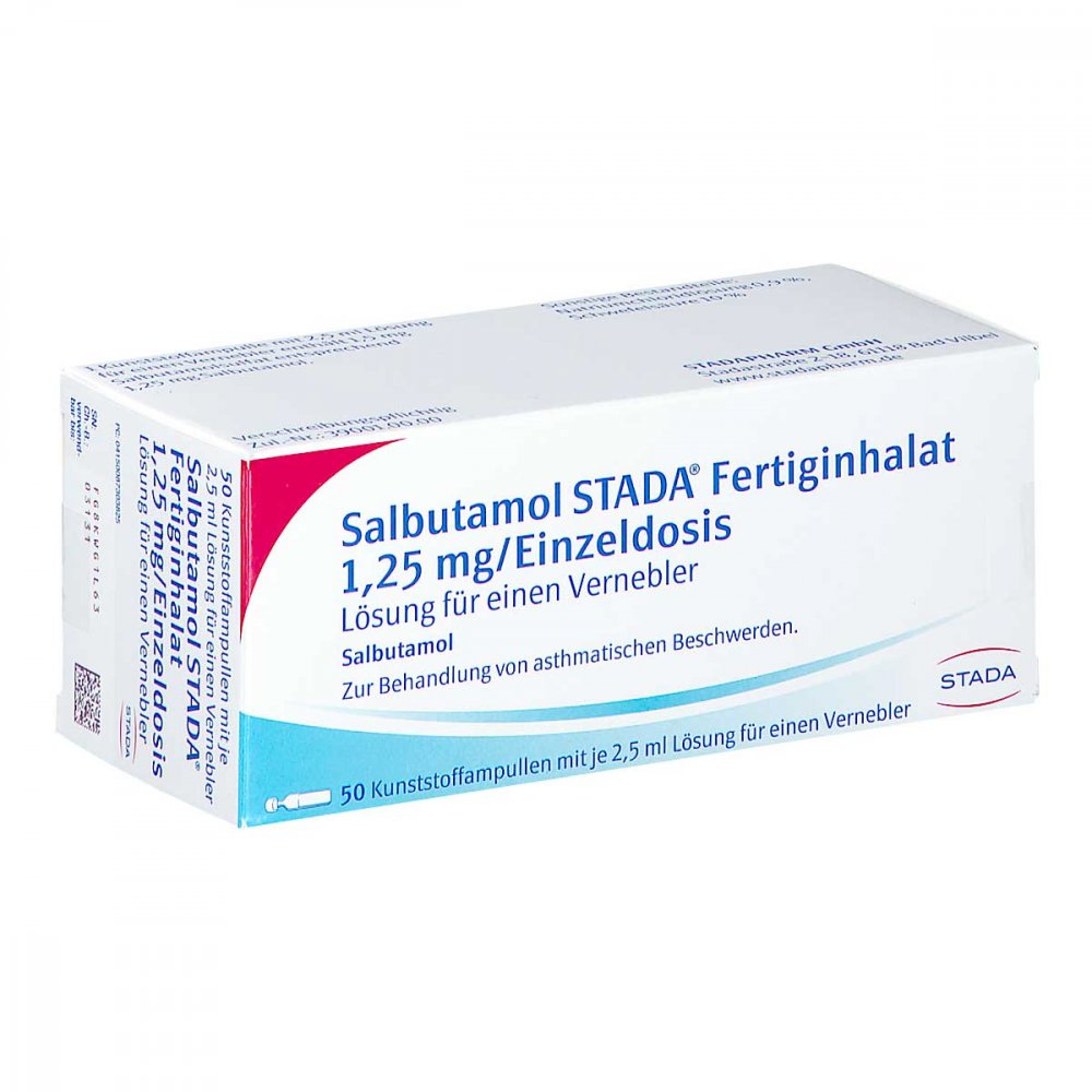 Das Produktfoto zeigt Salbutamol Stada Fertiginhal.1,25 Mg/Ed 2,5ml Lov (50 stk) PZN 08730382