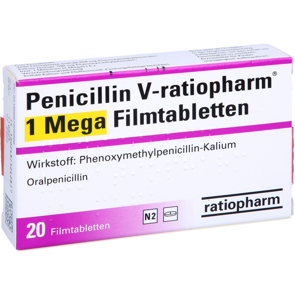 Das Produktfoto zeigt Penicillin V-Ratiopharm 1 Mega Filmtabletten (20 stk) PZN 08730666