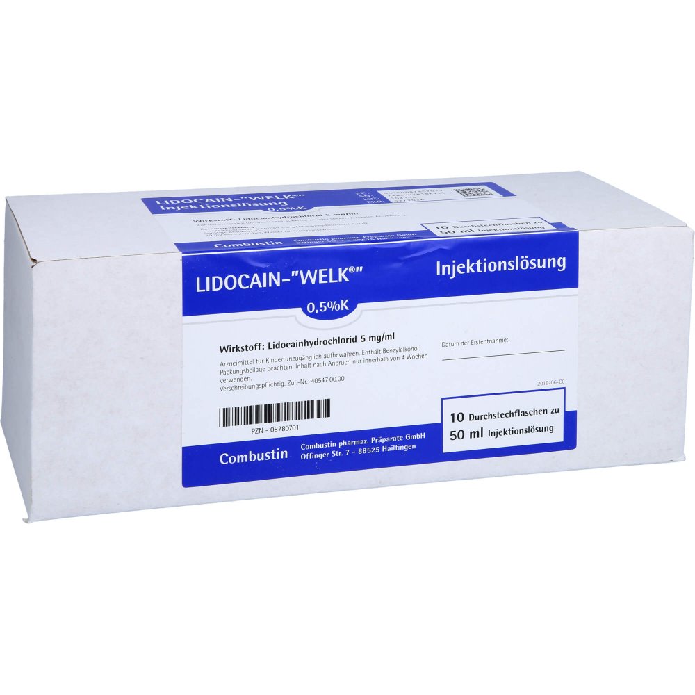 Das Produktfoto zeigt Lidocain Welk 0,5% K Injektionslösung Dsfl. (10X50 ml) PZN 08780701