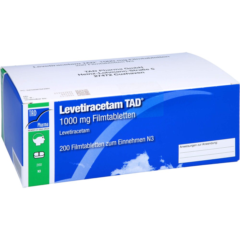 Das Produktfoto zeigt Levetiracetam Tad 1000 Mg Filmtabletten (200 stk) PZN 08794399