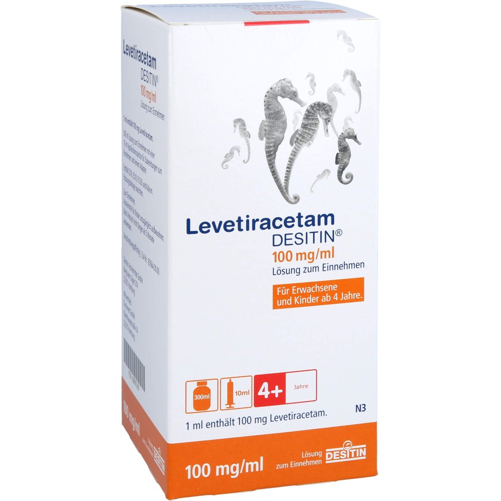 Das Produktfoto zeigt Levetiracetam Desitin 100 Mg/Ml L.Z.E.10ml Dos.Spr (300 ml) PZN 08805298