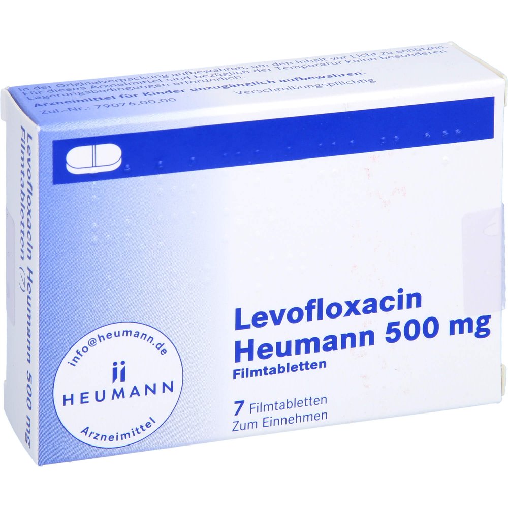 Das Produktfoto zeigt Levofloxacin Heumann 500 Mg Filmtabletten (7 stk) PZN 08806286