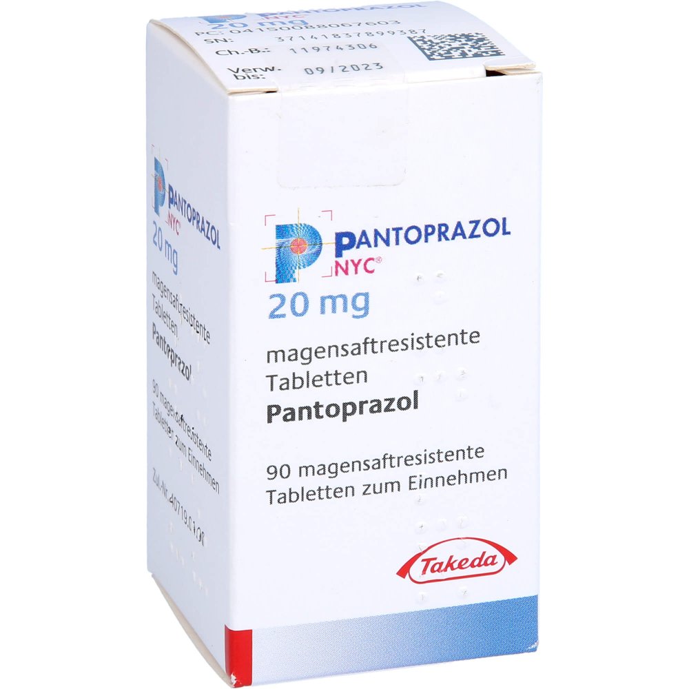 Das Produktfoto zeigt Pantoprazol Nyc 20 Mg Magensaftres.Tabletten (90 stk) PZN 08806760