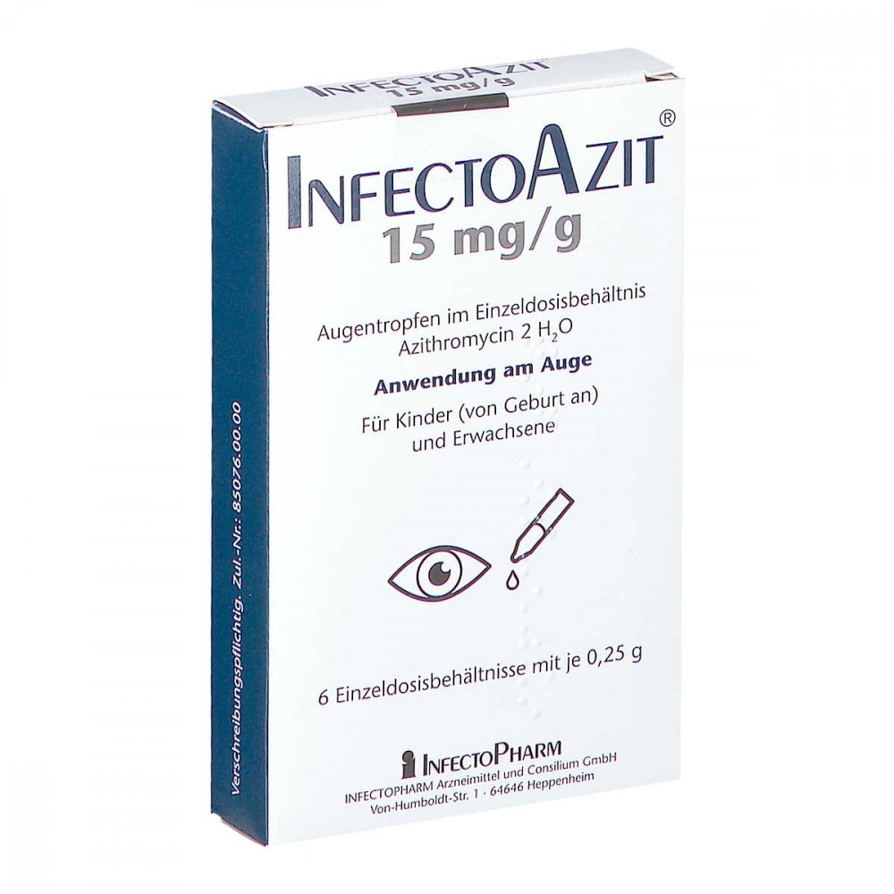 Das Produktfoto zeigt Infectoazit 15 Mg/G Augentropfen I.Einzeldosisbeh. (6X0.25 g) PZN 08813866