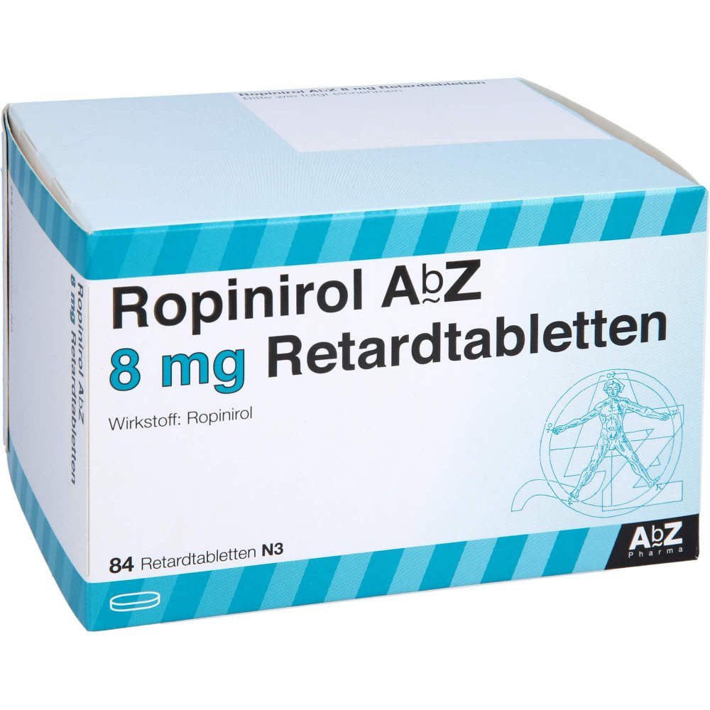 Das Produktfoto zeigt Ropinirol Abz 8 Mg Retardtabletten (84 stk) PZN 08814736