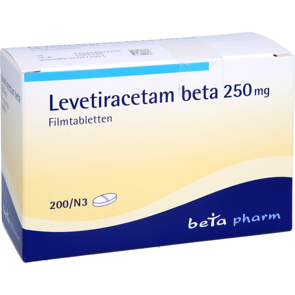 Das Produktfoto zeigt Levetiracetam Beta 250 Mg Filmtabletten (200 stk) PZN 08841064