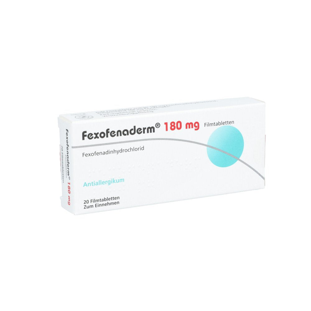 Das Produktfoto zeigt Fexofenaderm 180 Mg Filmtabletten (20 stk) PZN 08844163