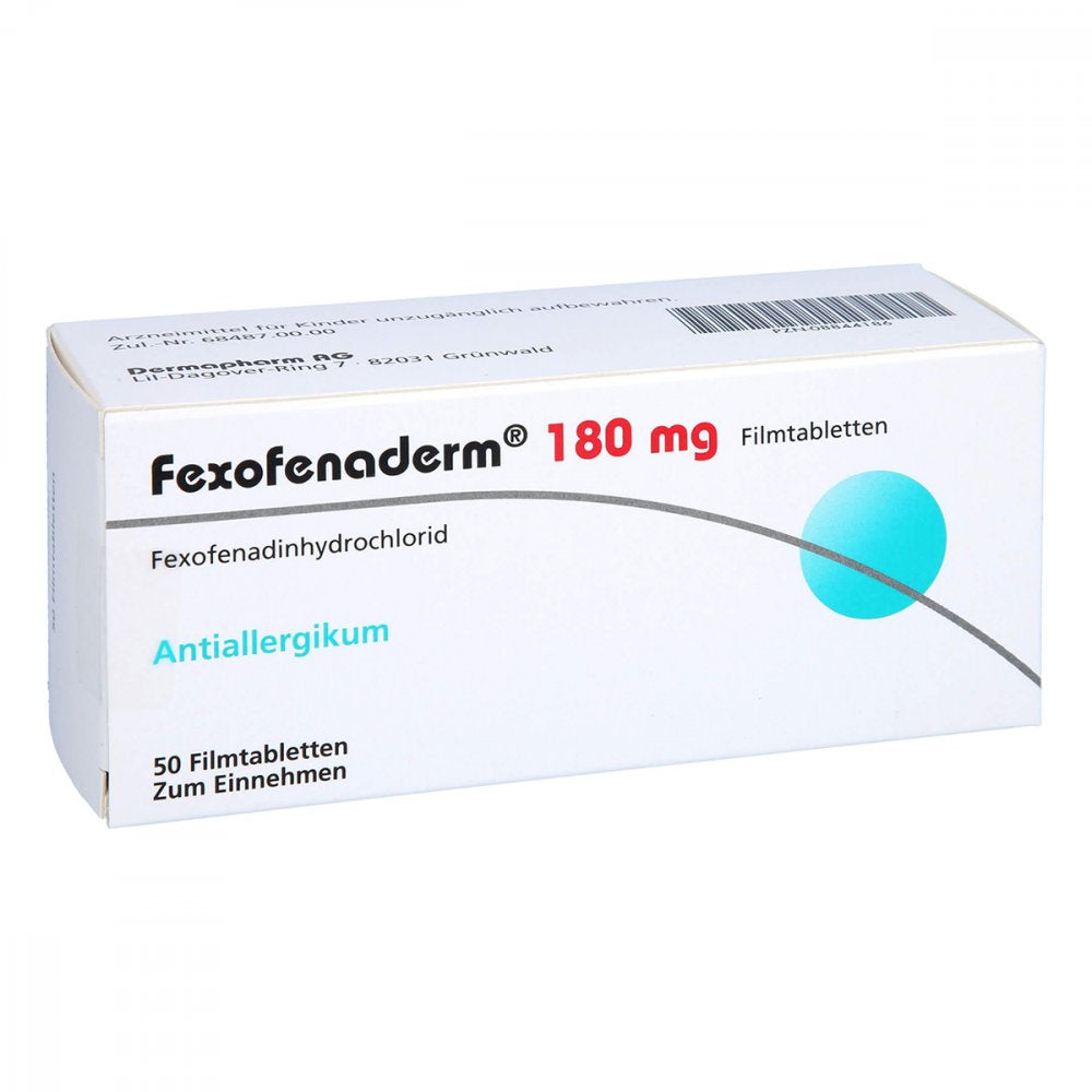 Das Produktfoto zeigt Fexofenaderm 180 Mg Filmtabletten (50 stk) PZN 08844186