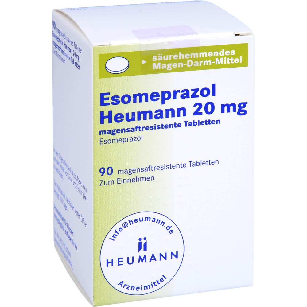 Das Produktfoto zeigt Esomeprazol Heumann 20 Mg Magensaftr.Tabl. (90 stk) PZN 08850229