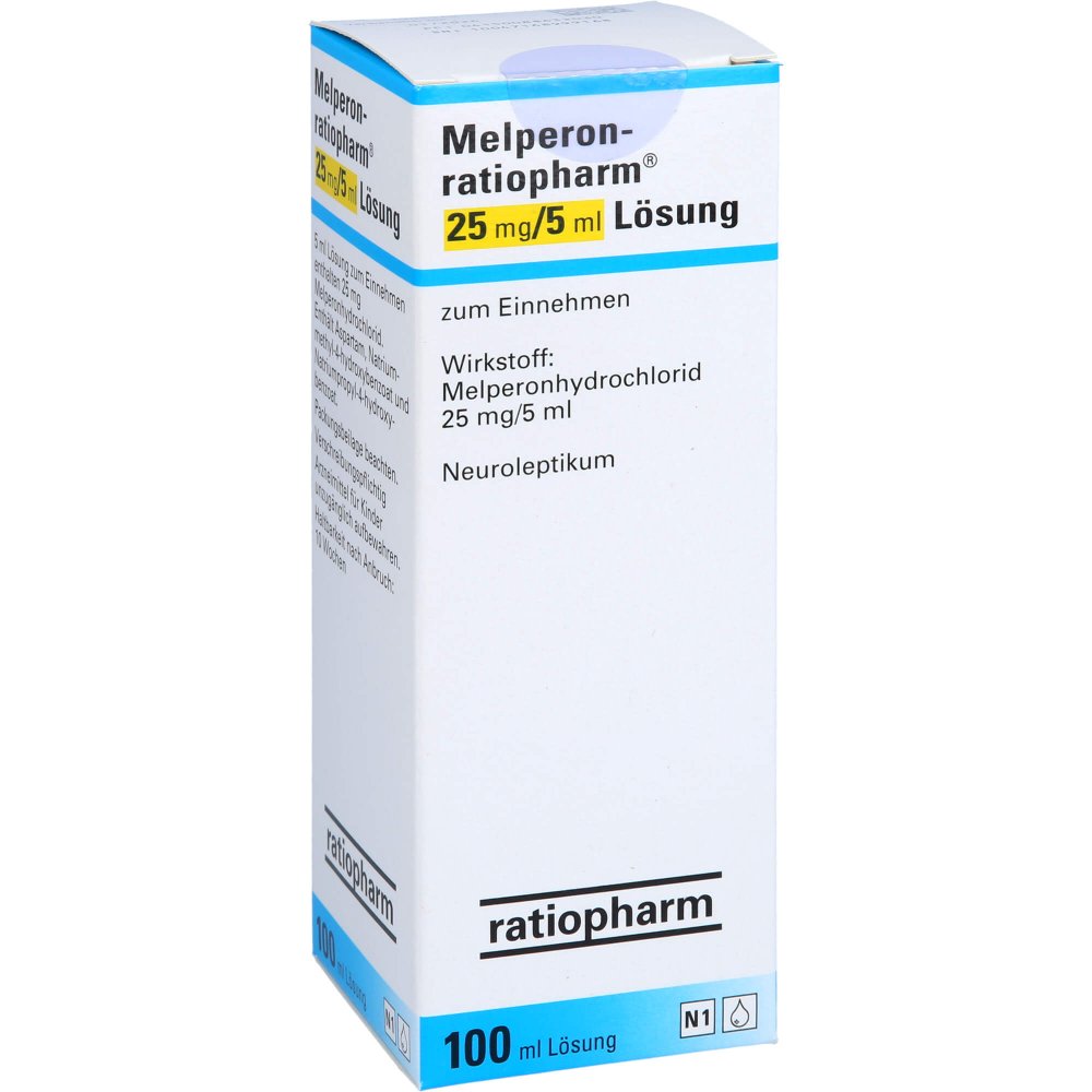 Das Produktfoto zeigt Melperon-Ratiopharm 25 Mg/5 Ml Lösung (100 ml) PZN 08863203