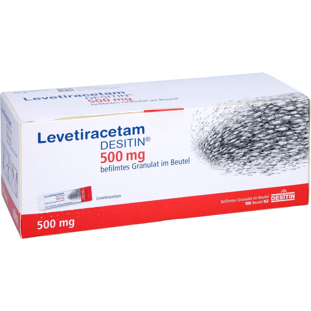 Das Produktfoto zeigt Levetiracetam Desitin 500 Mg Granulat (100 stk) PZN 08891458