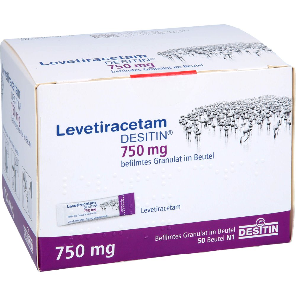 Das Produktfoto zeigt Levetiracetam Desitin 750 Mg Granulat (50 stk) PZN 08891719