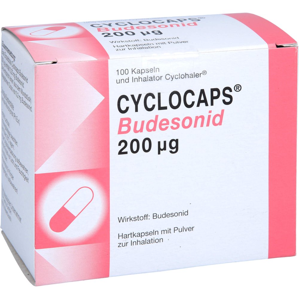 Das Produktfoto zeigt Cyclocaps Budesonid 200 Μg Inh.Kaps.+Cyclohaler (100 stk) PZN 08907751