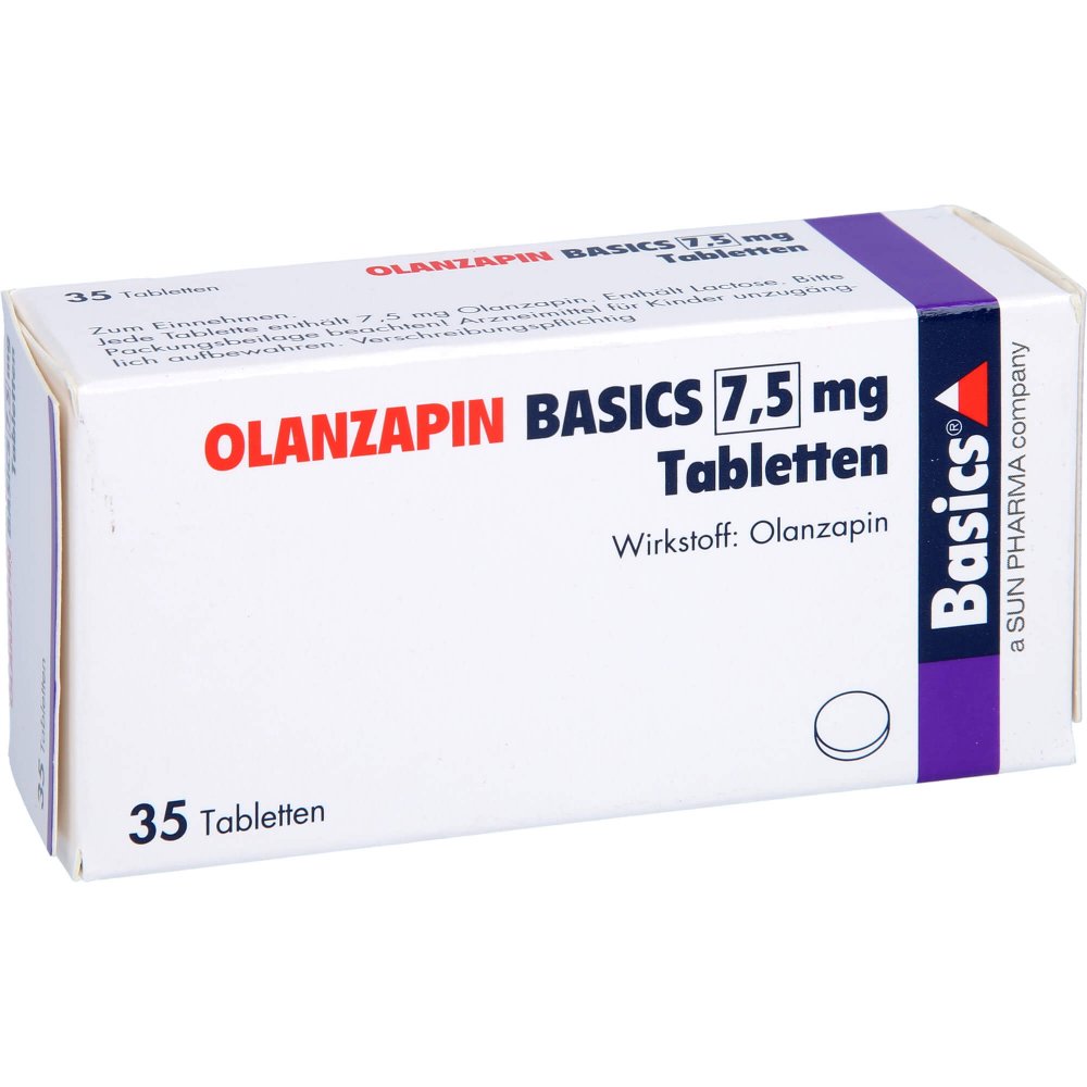 Das Produktfoto zeigt Olanzapin Basics 7,5 Mg Tabletten (35 stk) PZN 09060104