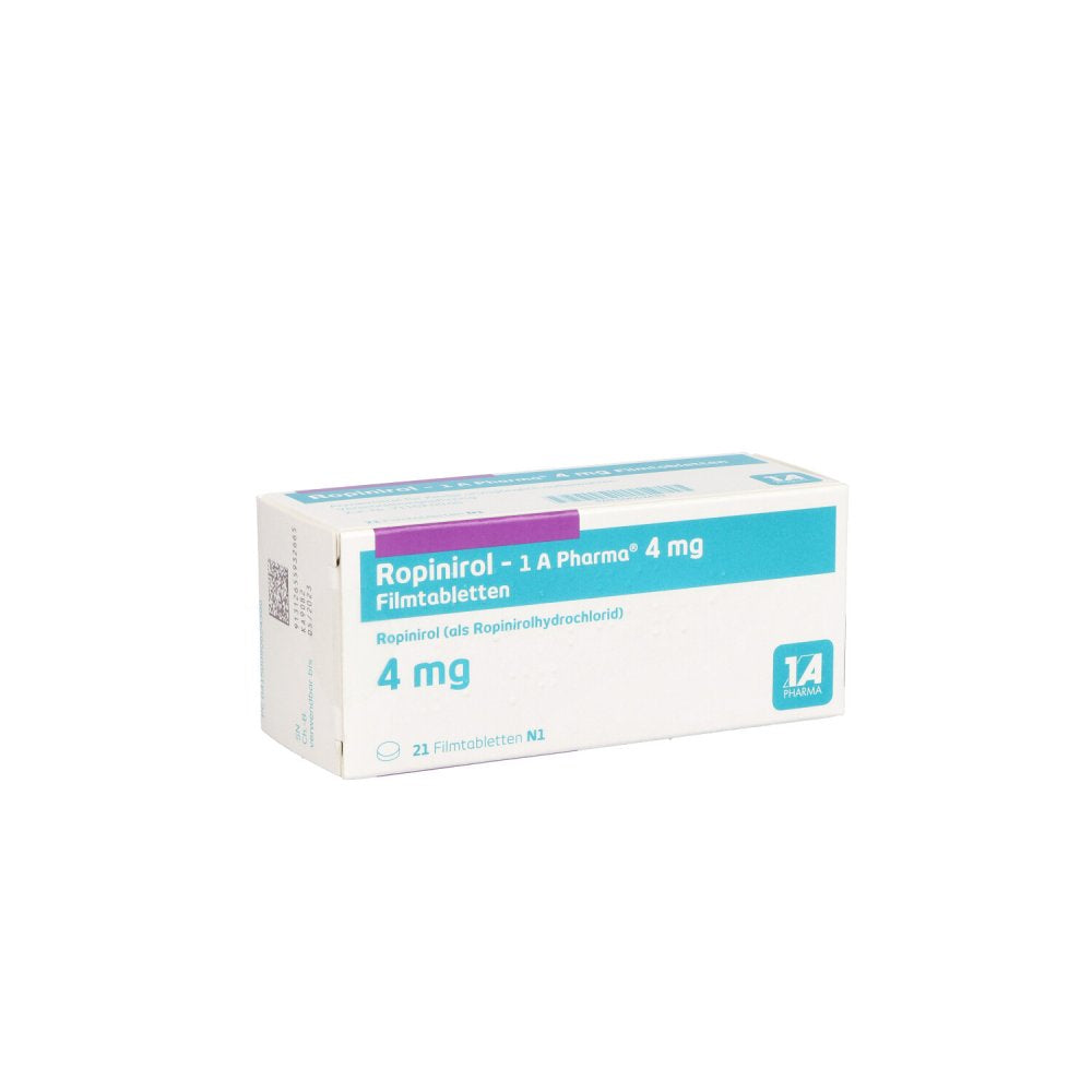 Das Produktfoto zeigt Ropinirol-1a Pharma 4 Mg Filmtabletten (21 stk) PZN 09062439