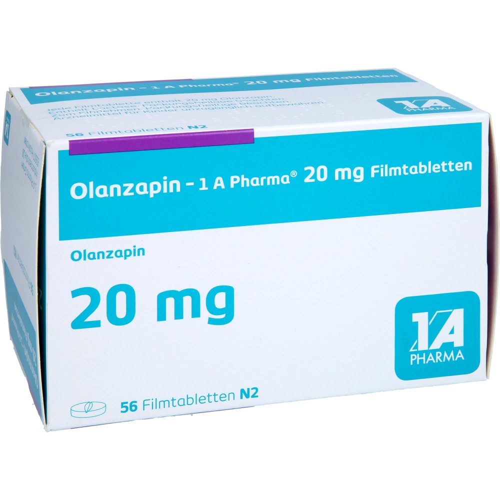 Das Produktfoto zeigt Olanzapin-1a Pharma 20 Mg Filmtabletten (56 stk) PZN 09064125