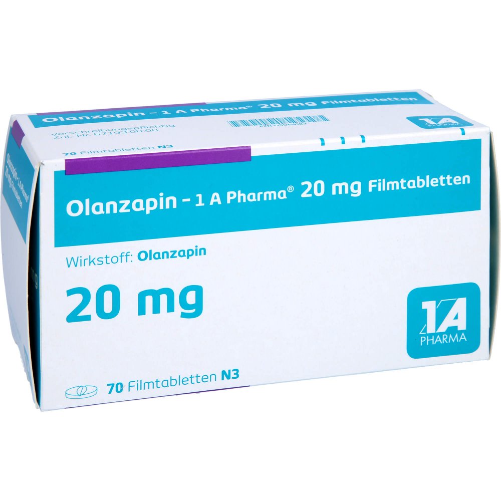 Das Produktfoto zeigt Olanzapin-1a Pharma 20 Mg Filmtabletten (70 stk) PZN 09064183