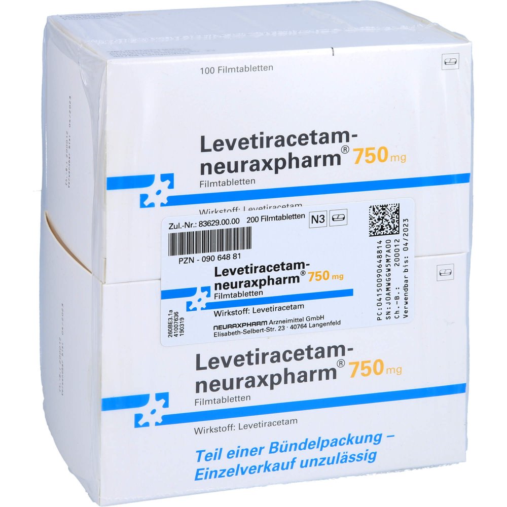 Das Produktfoto zeigt Levetiracetam-Neuraxpharm 750 Mg Filmtabletten (200 stk) PZN 09064881