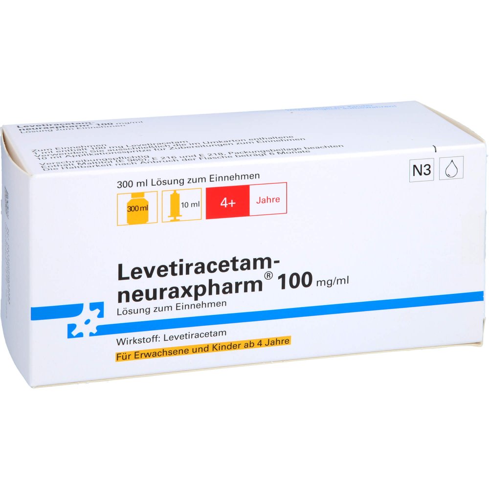 Das Produktfoto zeigt Levetiracetam-Neuraxpharm 100 Mg/Ml L.Z.E.10ml Dos (300 ml) PZN 09064958