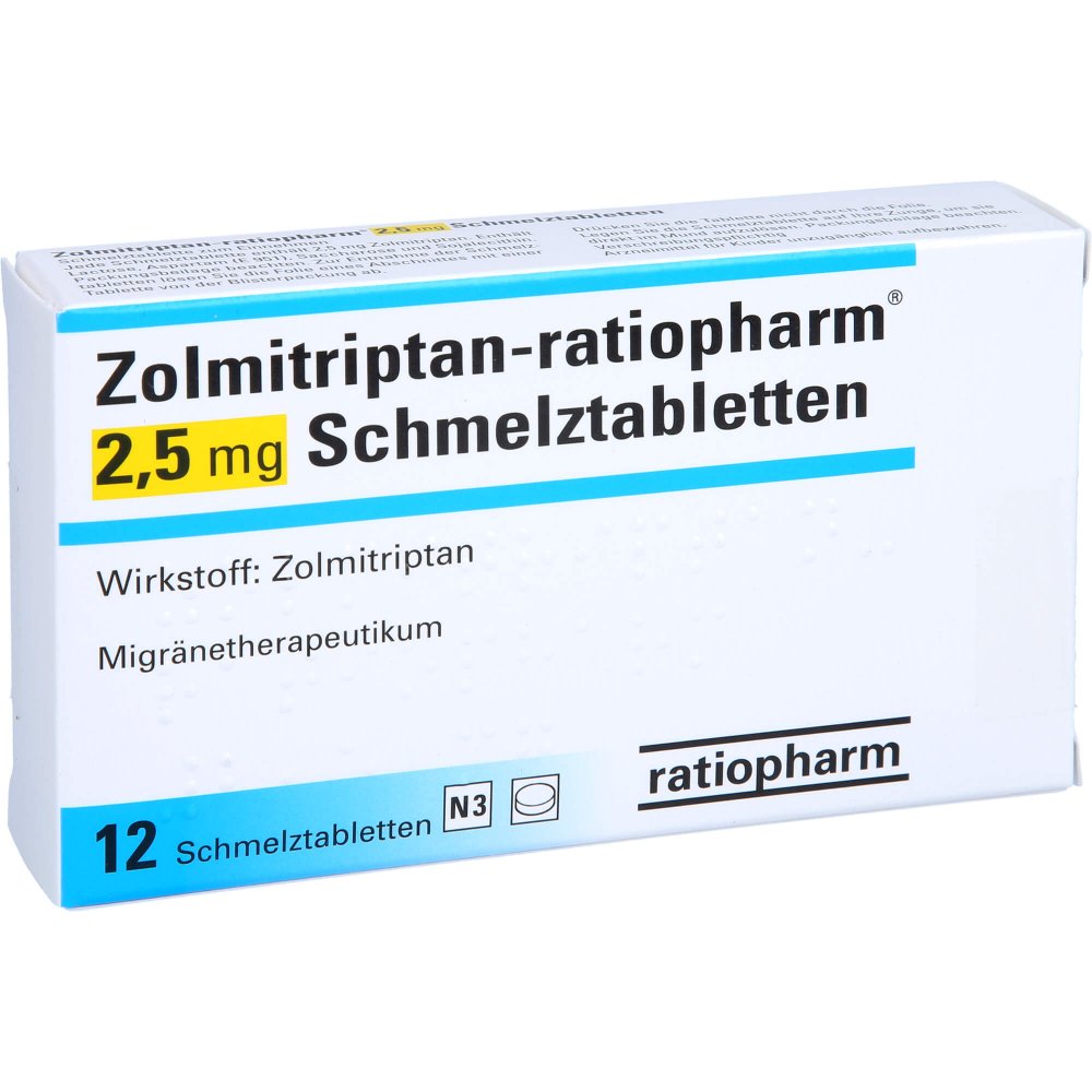 Das Produktfoto zeigt Zolmitriptan-Ratiopharm 2,5 Mg Schmelztabletten (12 stk) PZN 09087089