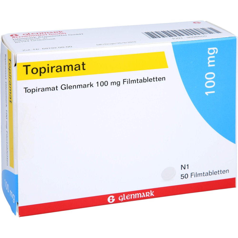 Das Produktfoto zeigt Topiramat Glenmark 100 Mg Filmtabletten (50 stk) PZN 09098650