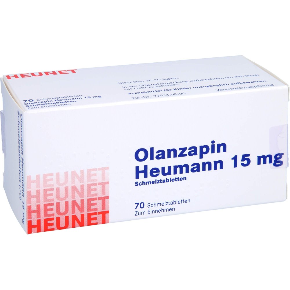 Das Produktfoto zeigt Olanzapin Heumann 15 Mg Schmelztabletten Heunet (70 stk) PZN 09100192
