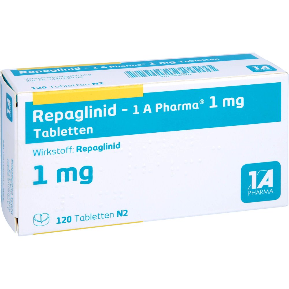 Das Produktfoto zeigt Repaglinid-1a Pharma 1 Mg Tabletten (120 stk) PZN 09121202