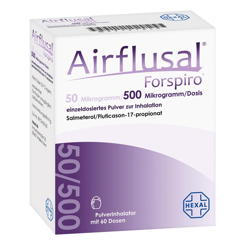 Das Produktfoto zeigt Airflusal Forspiro 50/500 Μg/Dosis 60 Hub Inh.-P. (2 stk) PZN 09121857