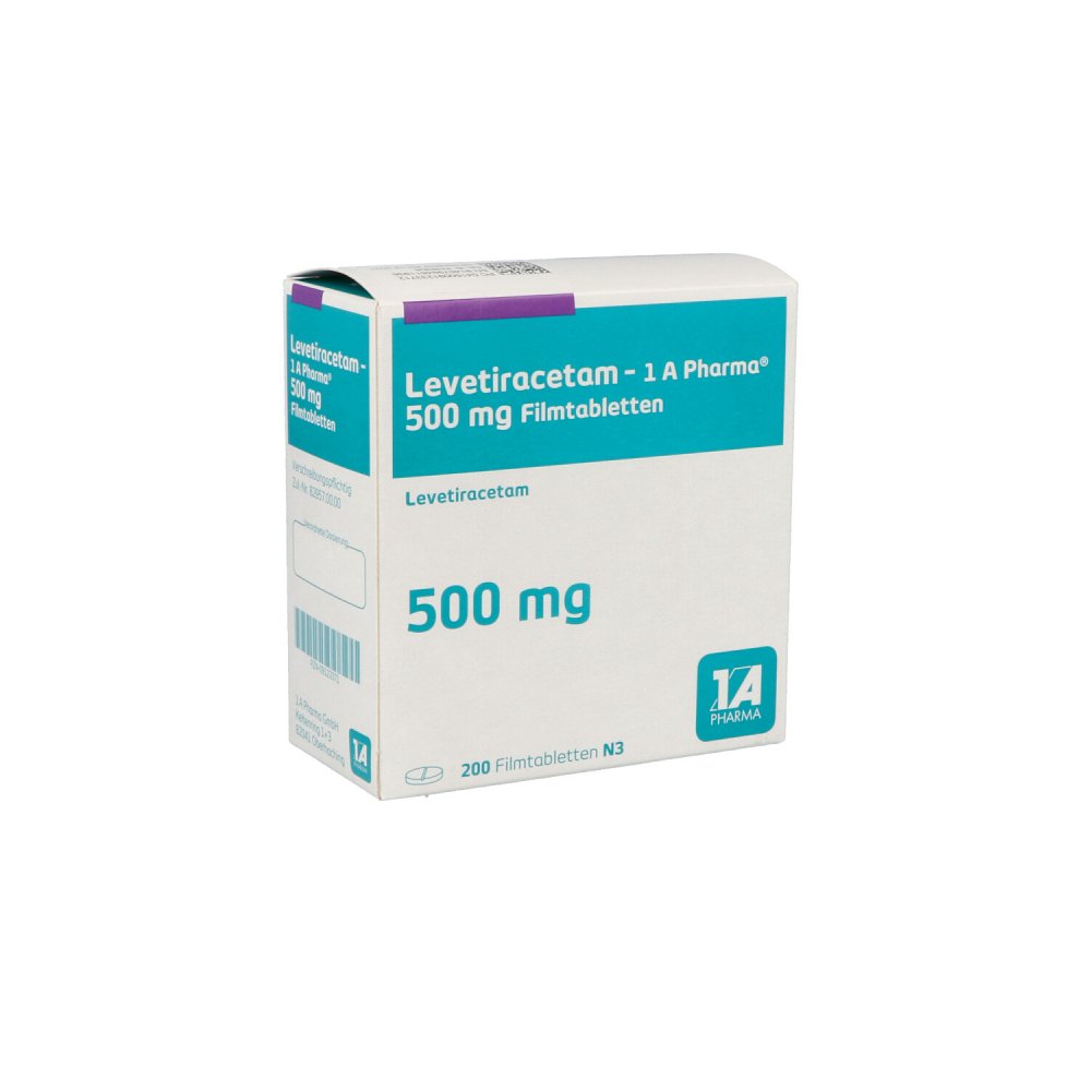 Das Produktfoto zeigt Levetiracetam-1a Pharma 500 Mg Filmtabletten (200 stk) PZN 09123371