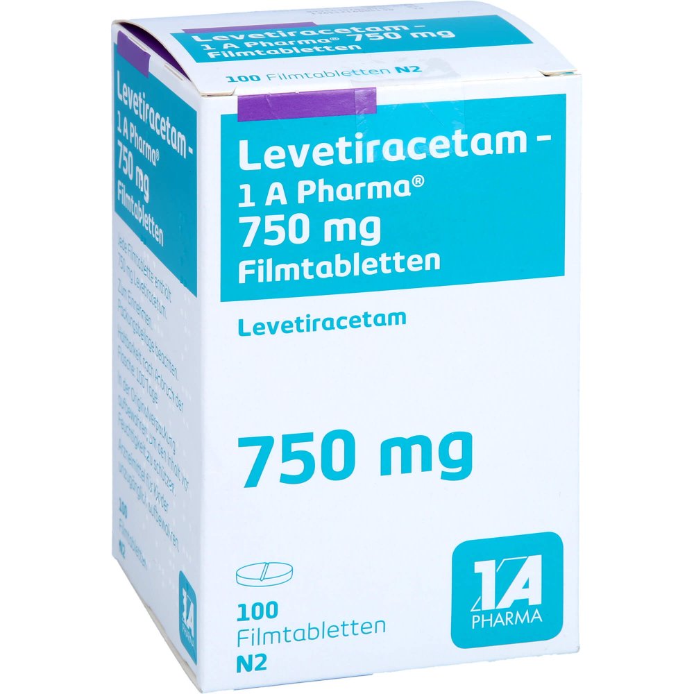 Das Produktfoto zeigt Levetiracetam-1a Pharma 750 Mg Filmtabletten (100 stk) PZN 09123394