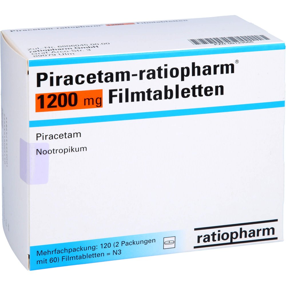 Das Produktfoto zeigt Piracetam-Ratiopharm 1200 Mg Filmtabletten (120 stk) PZN 09123566