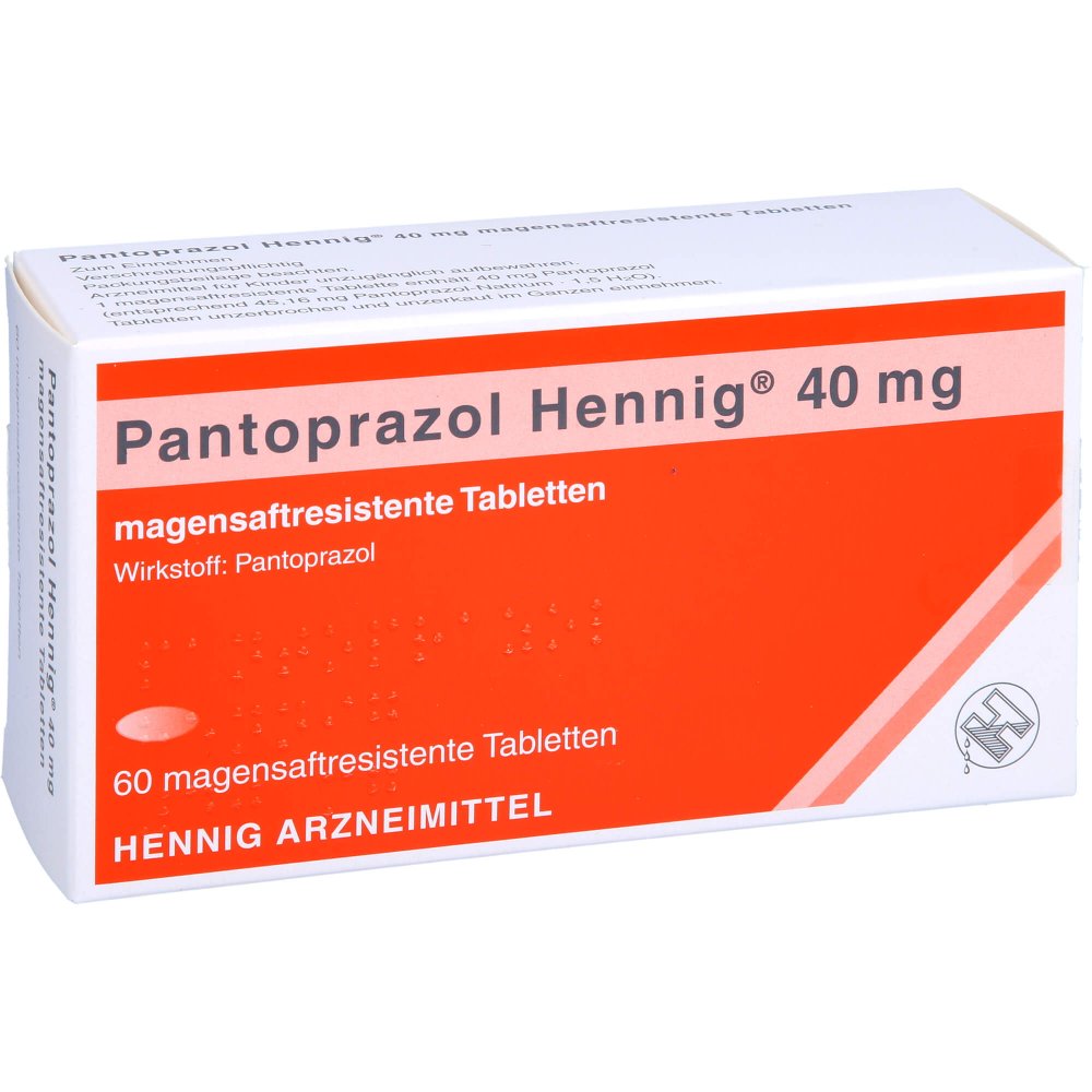 Das Produktfoto zeigt Pantoprazol Hennig 40 Mg Magensaftres.Tabletten (60 stk) PZN 09154905