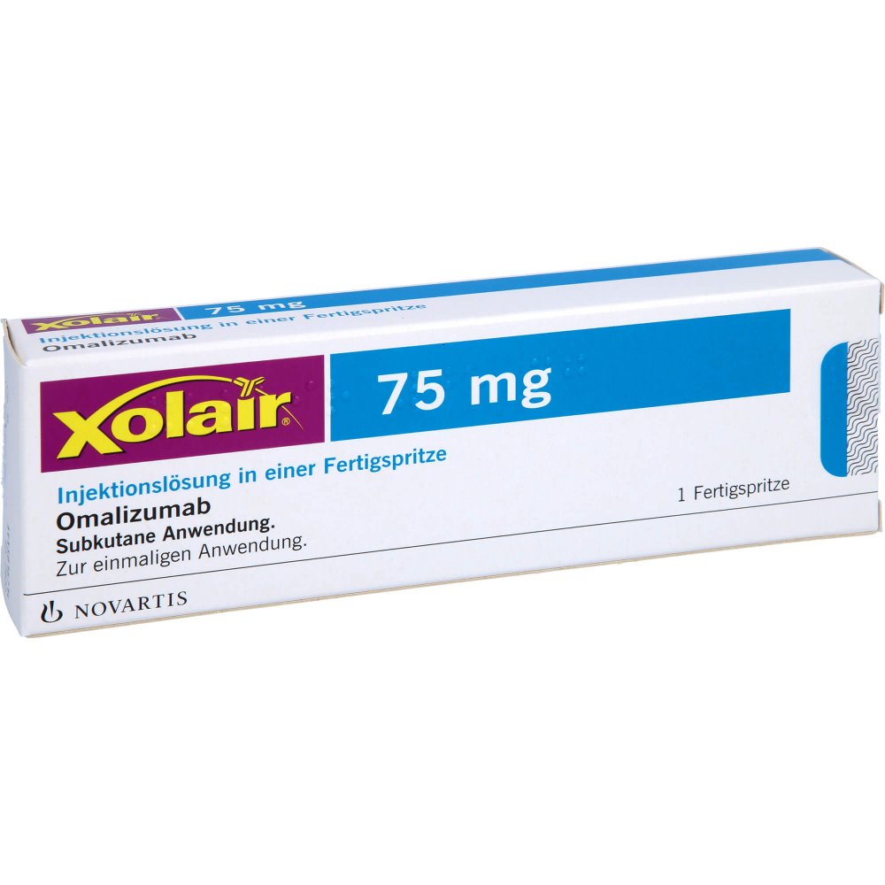 Das Produktfoto zeigt Xolair 75 Mg Injektionslösung I.E.Fertigspritze (1 stk) PZN 09175103