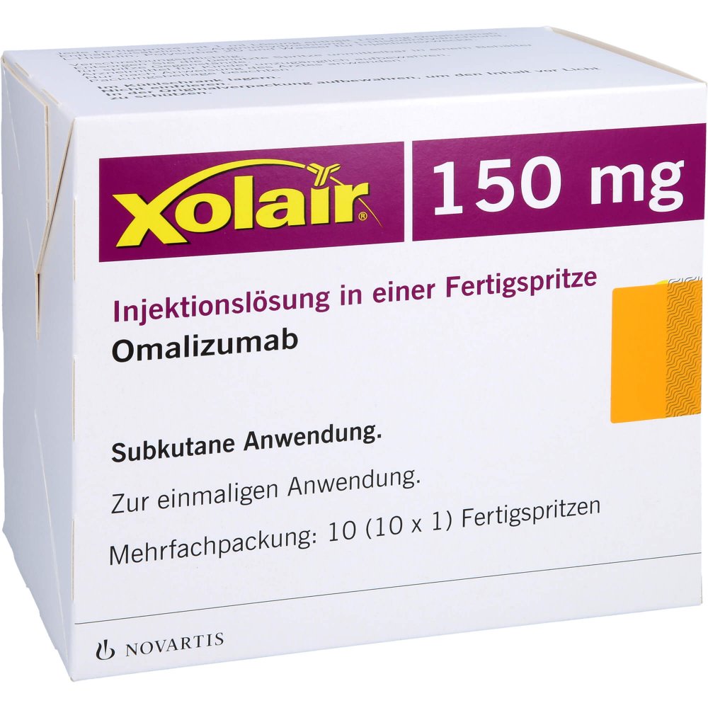 Das Produktfoto zeigt Xolair 150 Mg Injektionslösung I.E.Fertigspritze (10 stk) PZN 09175149