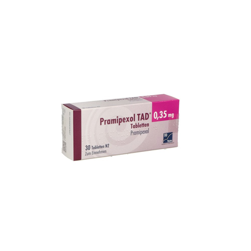 Das Produktfoto zeigt Pramipexol Tad 0,35 Mg Tabletten (30 stk) PZN 09197441