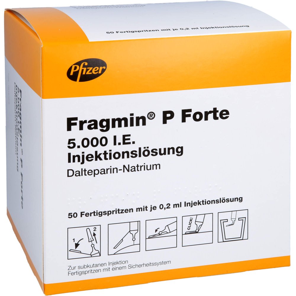 Das Produktfoto zeigt Fragmin 5.000 I.E. P Forte Inj.L.I.E.Fs.M.Sich-Sy. (50 stk) PZN 09197978