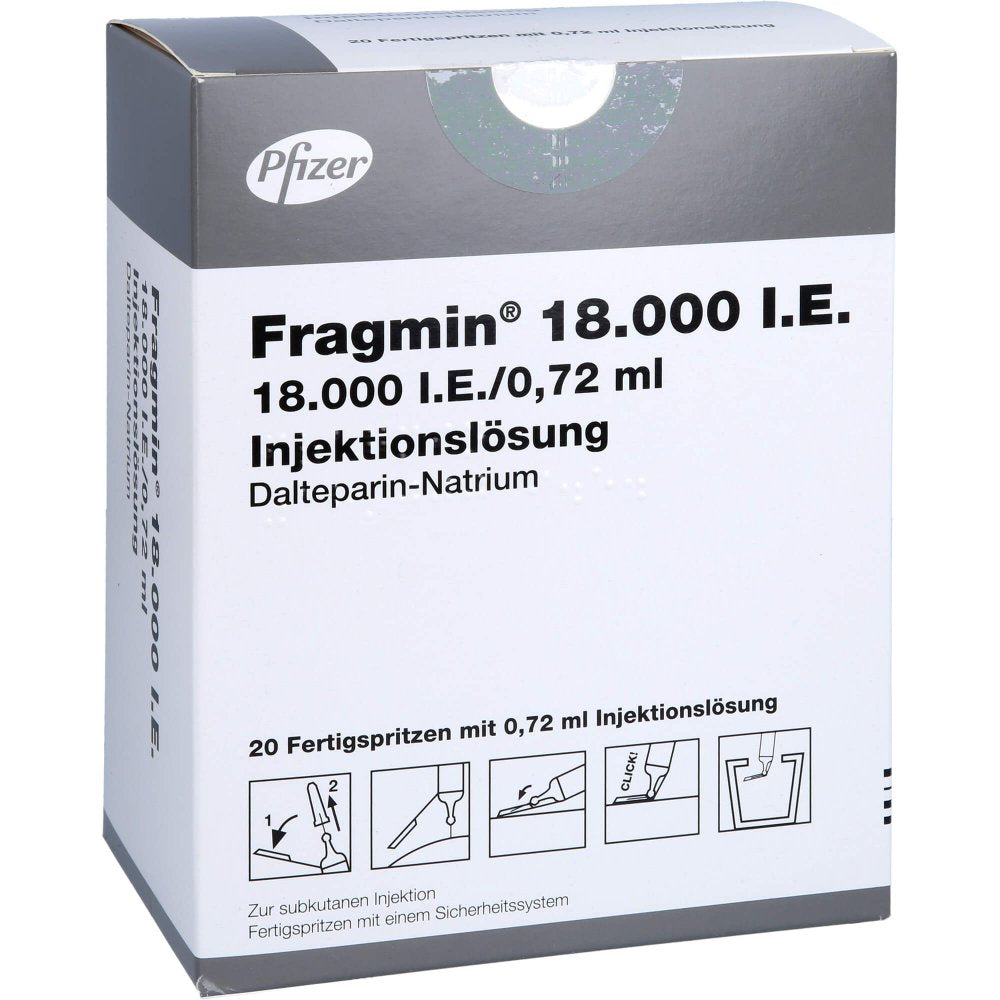 Das Produktfoto zeigt Fragmin 18.000 I.E. Inj.-Lsg.I.E.Fs.M.Sich-Sys. (20 stk) PZN 09198021