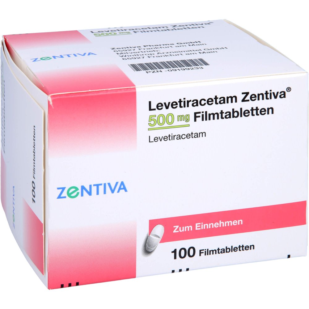 Das Produktfoto zeigt Levetiracetam Zentiva 500 Mg Filmtabletten (100 stk) PZN 09199233