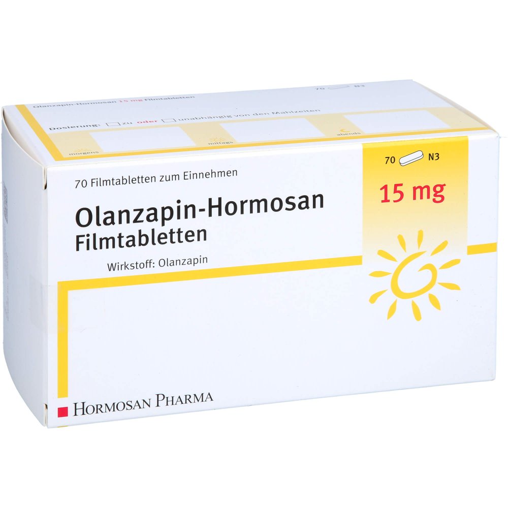 Das Produktfoto zeigt Olanzapin Hormosan 15 Mg Filmtabletten (70 stk) PZN 09214599