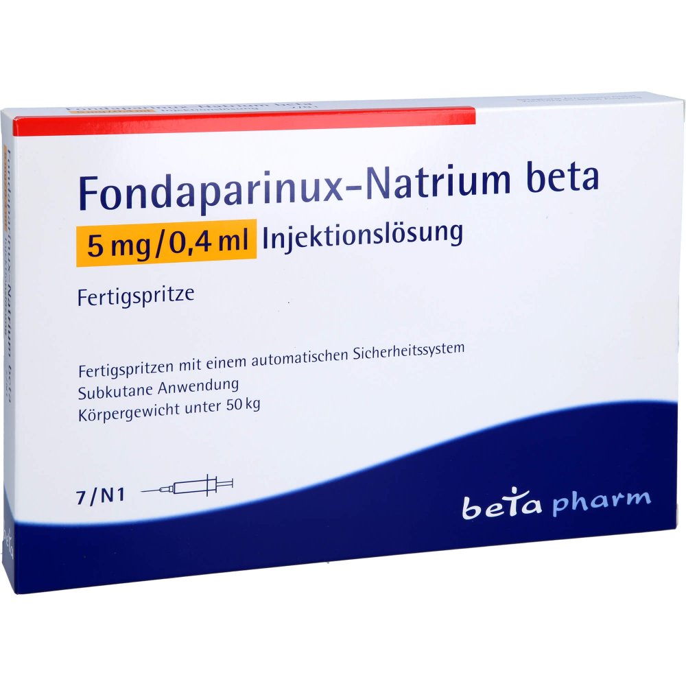 Das Produktfoto zeigt Fondaparinux-Natrium Beta 5mg/0,4ml Inj.-L.F.-Sp. (7 stk) PZN 09225002