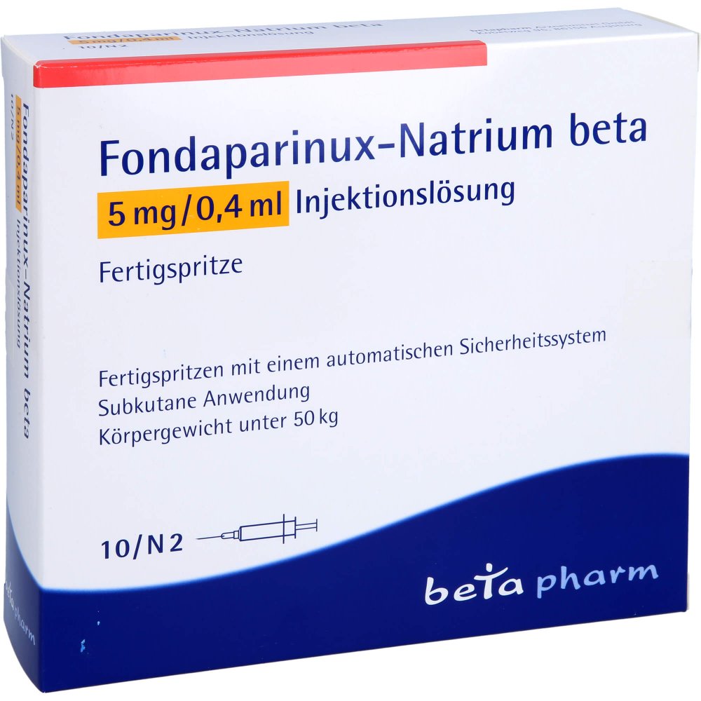 Das Produktfoto zeigt Fondaparinux-Natrium Beta 5mg/0,4ml Inj.-L.F.-Sp. (10 stk) PZN 09225019