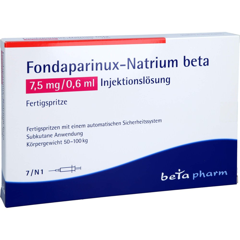 Das Produktfoto zeigt Fondaparinux-Natrium Beta 7,5mg/0,6ml Inj.-L.F.-Sp (7 stk) PZN 09225025