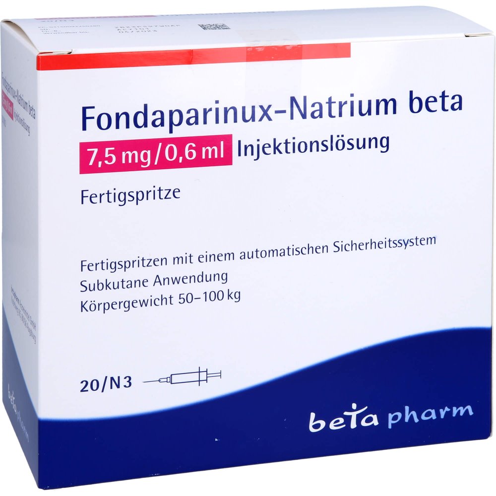 Das Produktfoto zeigt Fondaparinux-Natrium Beta 7,5mg/0,6ml Inj.-L.F.-Sp (20 stk) PZN 09225048