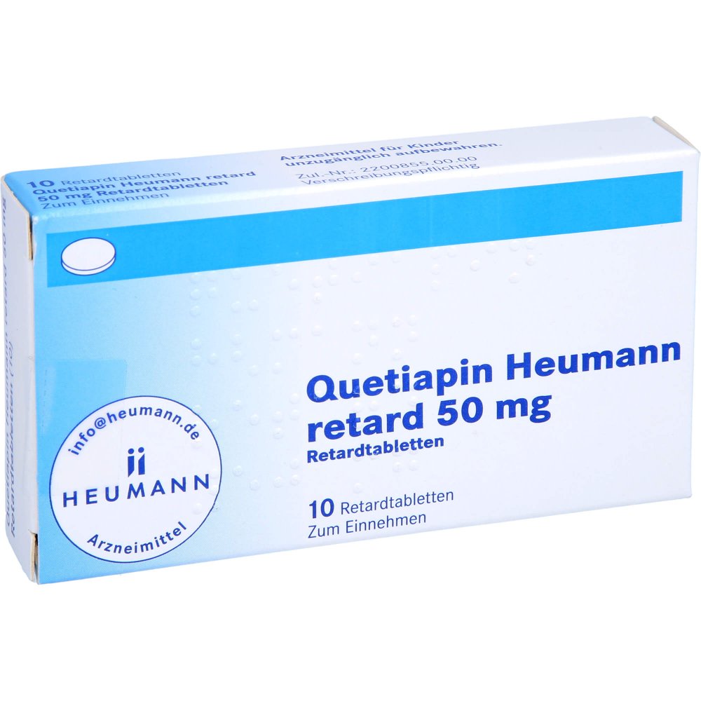 Das Produktfoto zeigt Quetiapin Heumann Retard 50 Mg Retardtabletten (10 stk) PZN 09232835
